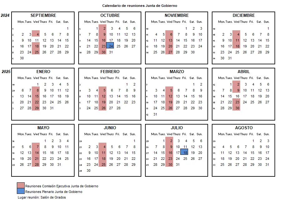 Calendario de reuniones de la Junta de Gobierno 24-25